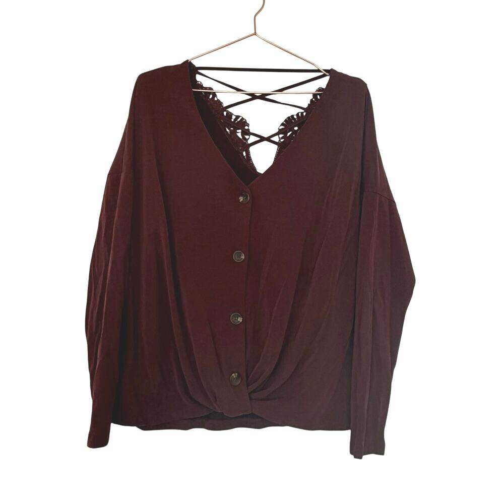 Daytrip Deep Burgundy Button-Up Knit Top with Lace Inset